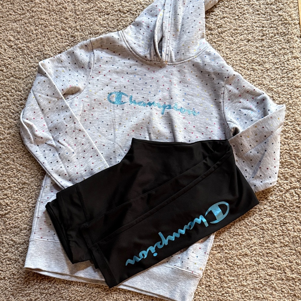 Champion Hoodie & Leggings Set in Heather Gray and Black with Blue Logo